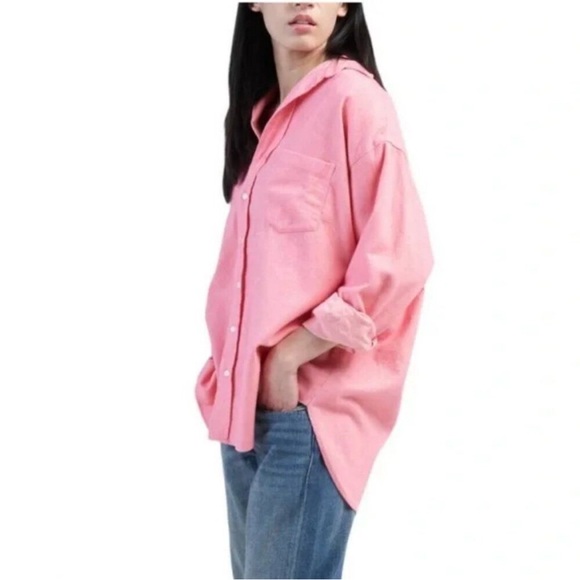 New Frank & Eileen Shirley oversized Italian flannel shirt pink herringbone M - Picture 6 of 16